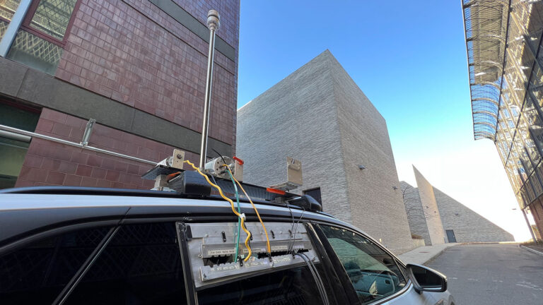 Gas sensors sit atop a Volkswagen ID4 behind the Andlinger Center. This mobile platform, developed by Zondlo’s team, measures multiple important trace gases.