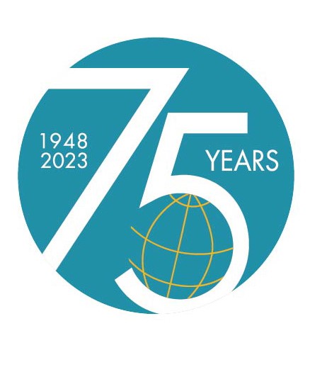 The world politics 75th anniversary logo: A globe sitting inside the 5 of 75 against a blue background