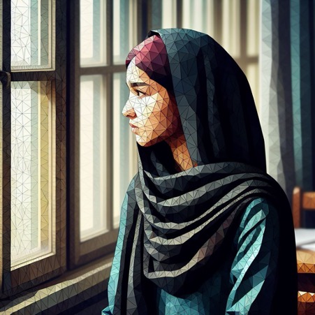 A photo with a geometric filter placed over it to obscure Khadija's appearance
