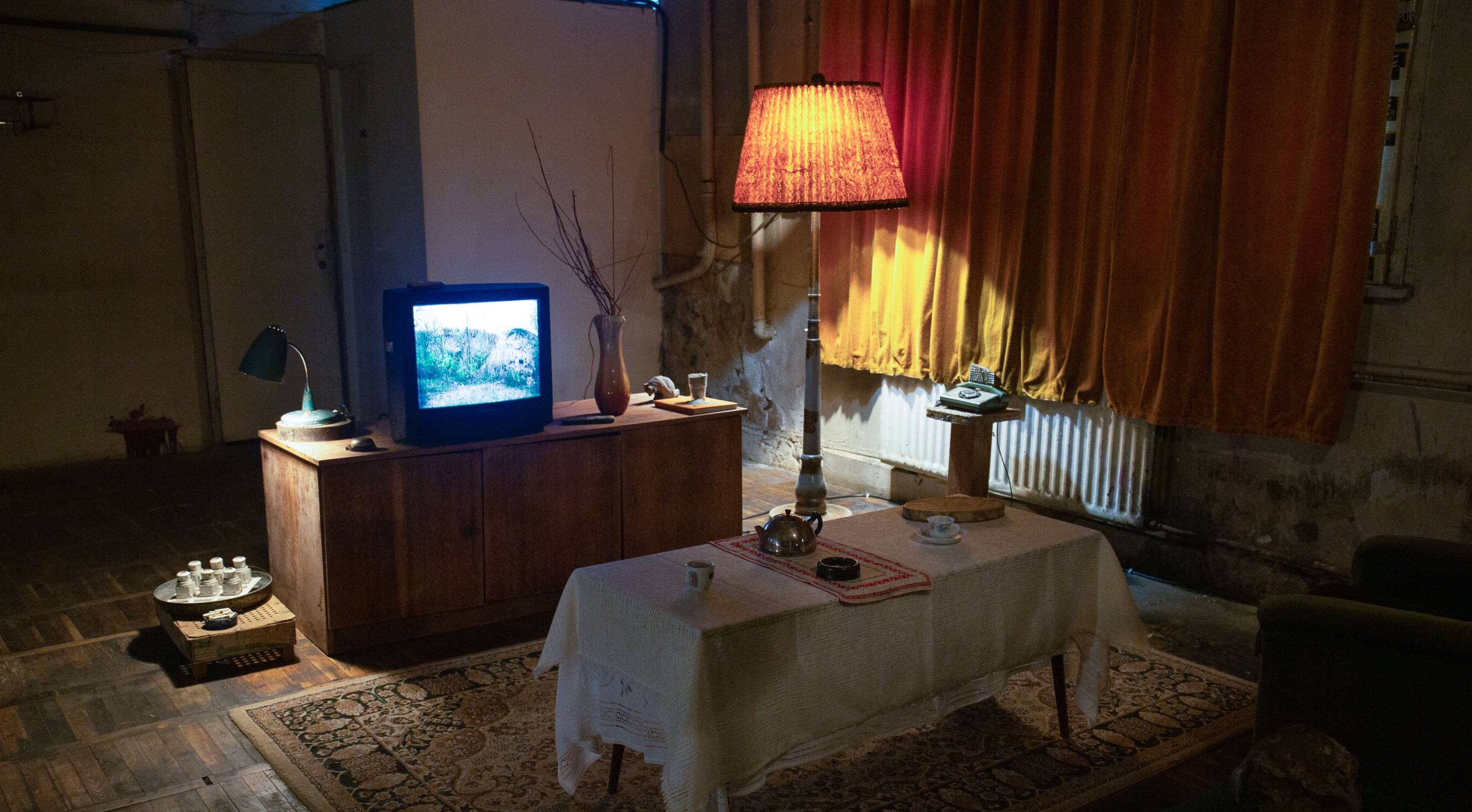 The living room of “The Neighbours,” photographed in 2022 during a temporary installation in the artists’ former studio in Sofia, Bulgaria.