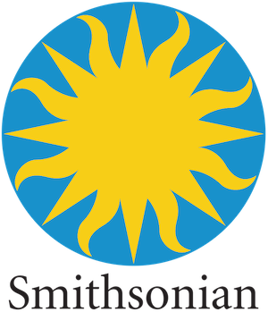 logo of the Smithsonian Institution with a yellow sun in a blue circle