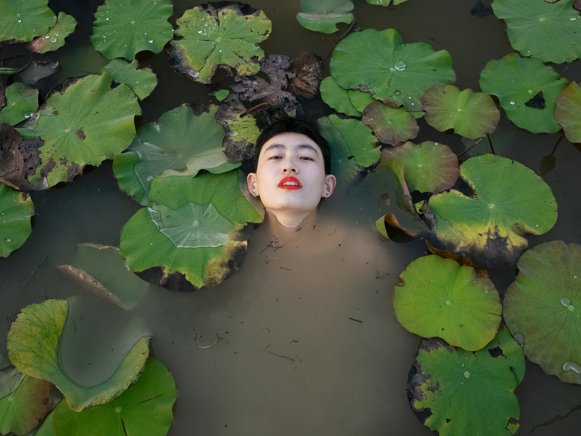 Cy Liu ’18 floating in a bed of water lillies