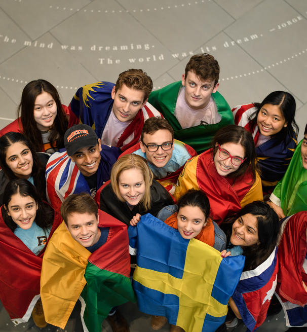 Davis International Center students with the flags from their respective countries.