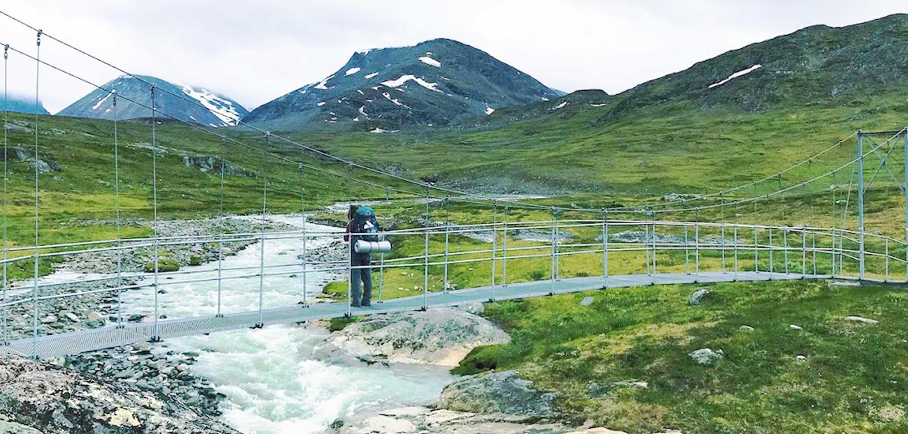 A student on a bridge overlooks a pristine river