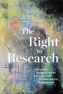 Right to Research book cover, with text overlaying an expressionist art work.