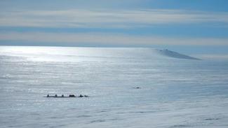 An aerial photo shows an icy expanse of land with the Princeton researchers camped out in the distance.