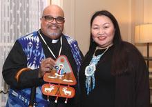 Ulturgasheva traded gifts as a symbol of friendship and solidarity with Pastor John Norwood of the Nanticoke Lenni-Lenape Tribal Nation