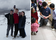 A picture of people posing in fron of a snowy background, and another of a person inetracting with children.