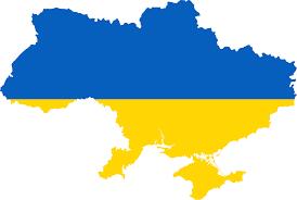 An outline of Ukraine shaded in blue and yellow, like the Ukrainian flag. 