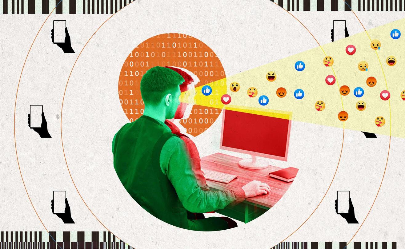 Illustration of person on their computer being overloaded with expressive Facebook emojis. 