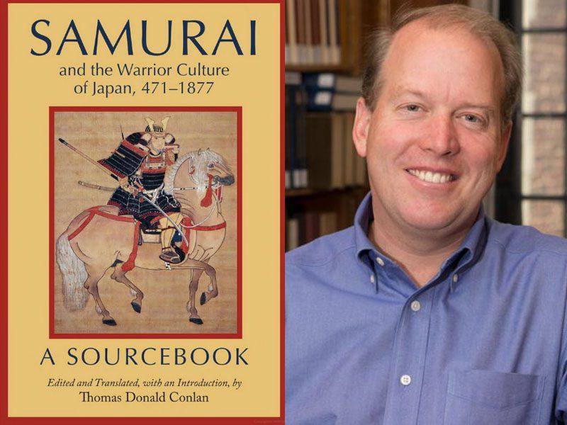 Left: the front cover of the book featuring an armed samurai sitting on a horse, and the title of the book. Right: a smiling headshot of Thomas Conlan.