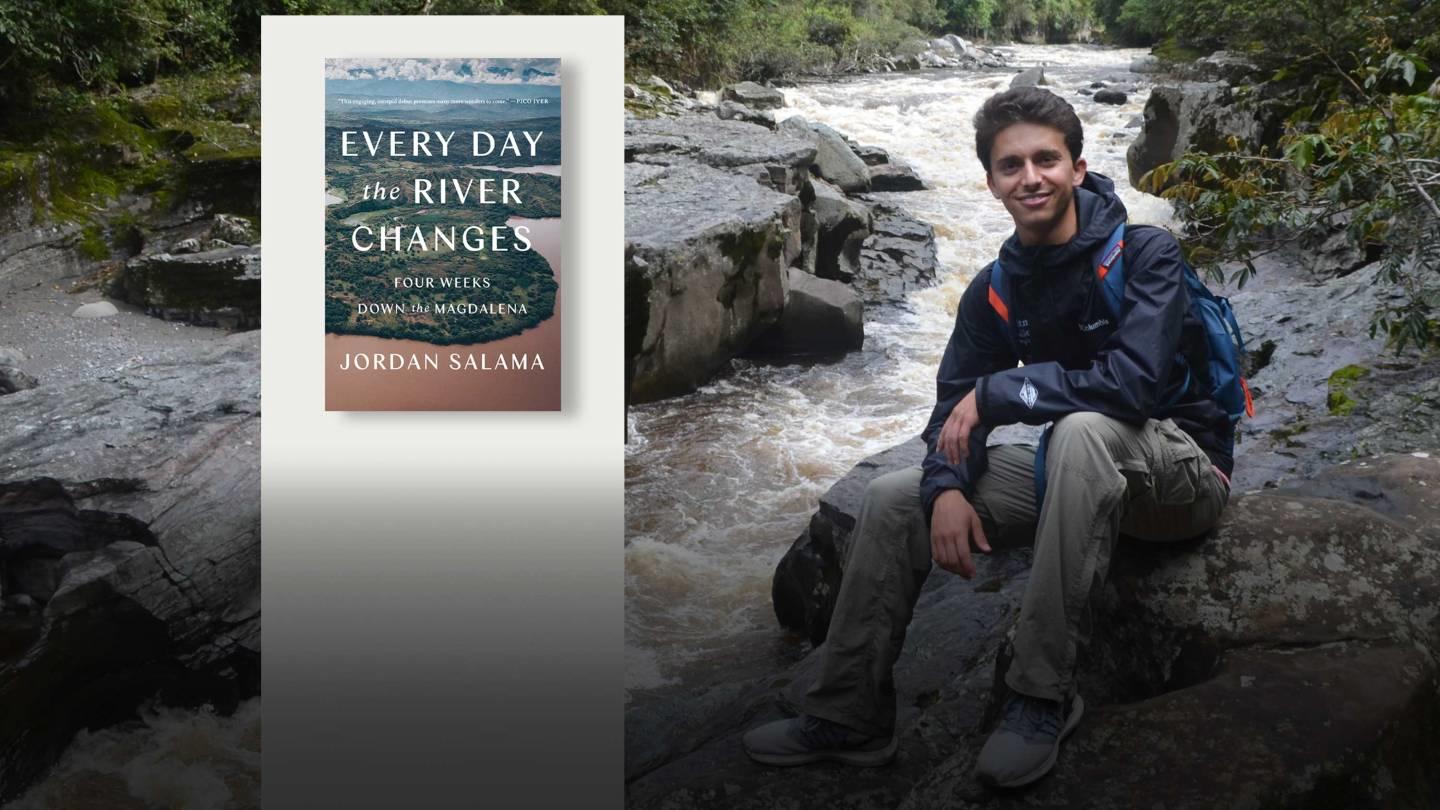 Jordan Salama poses next river rapids. His book is superimposed to the left of the image