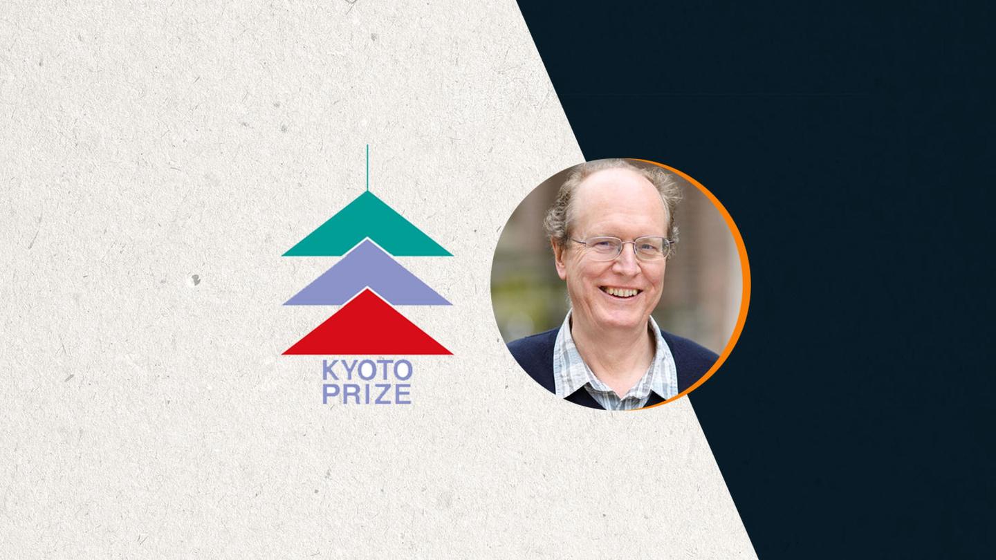 A head shot of Bryan Grenfell inset against a graphic logo for the Kyoto Prize