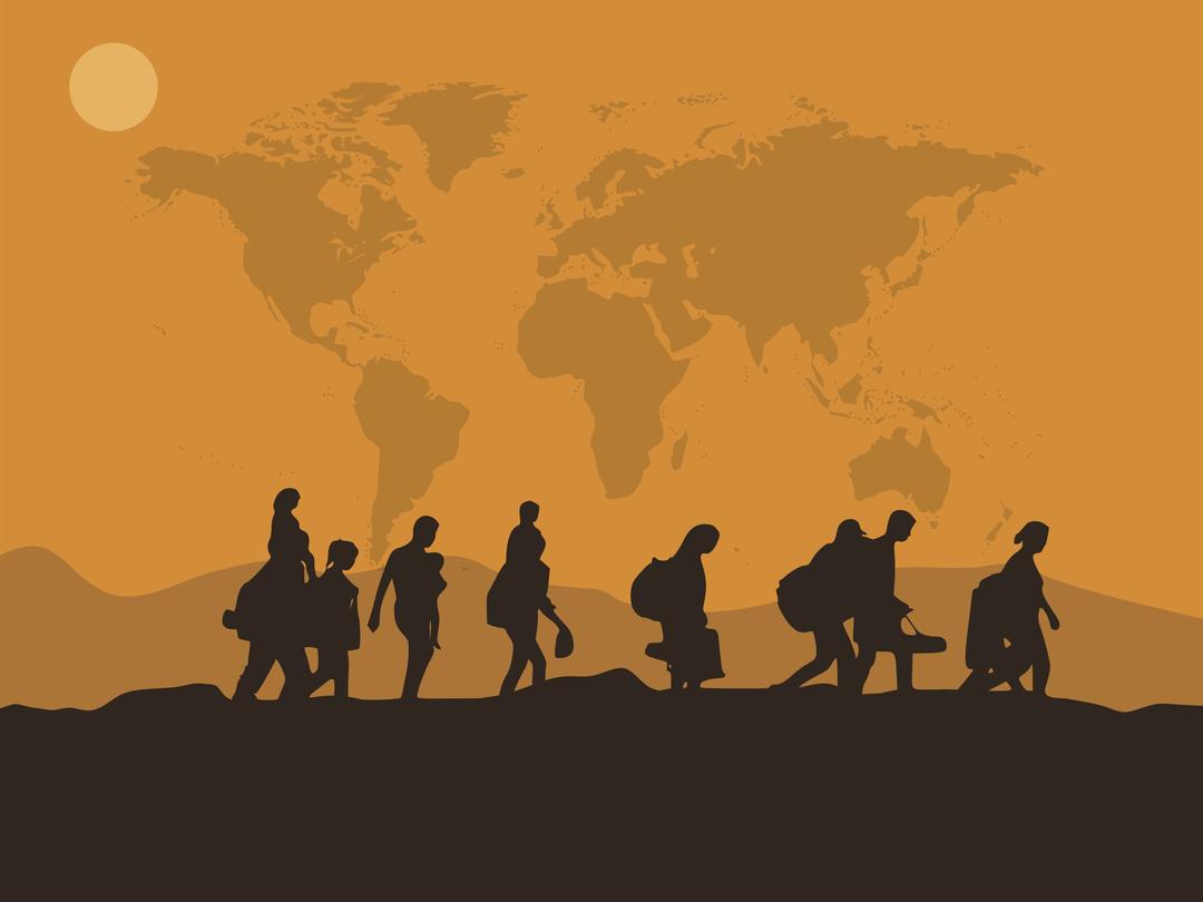 An illustrated silhouette of refugees, weighed down by belongings, moving across land with the earth's map superimposed in the yellow sky behind them.