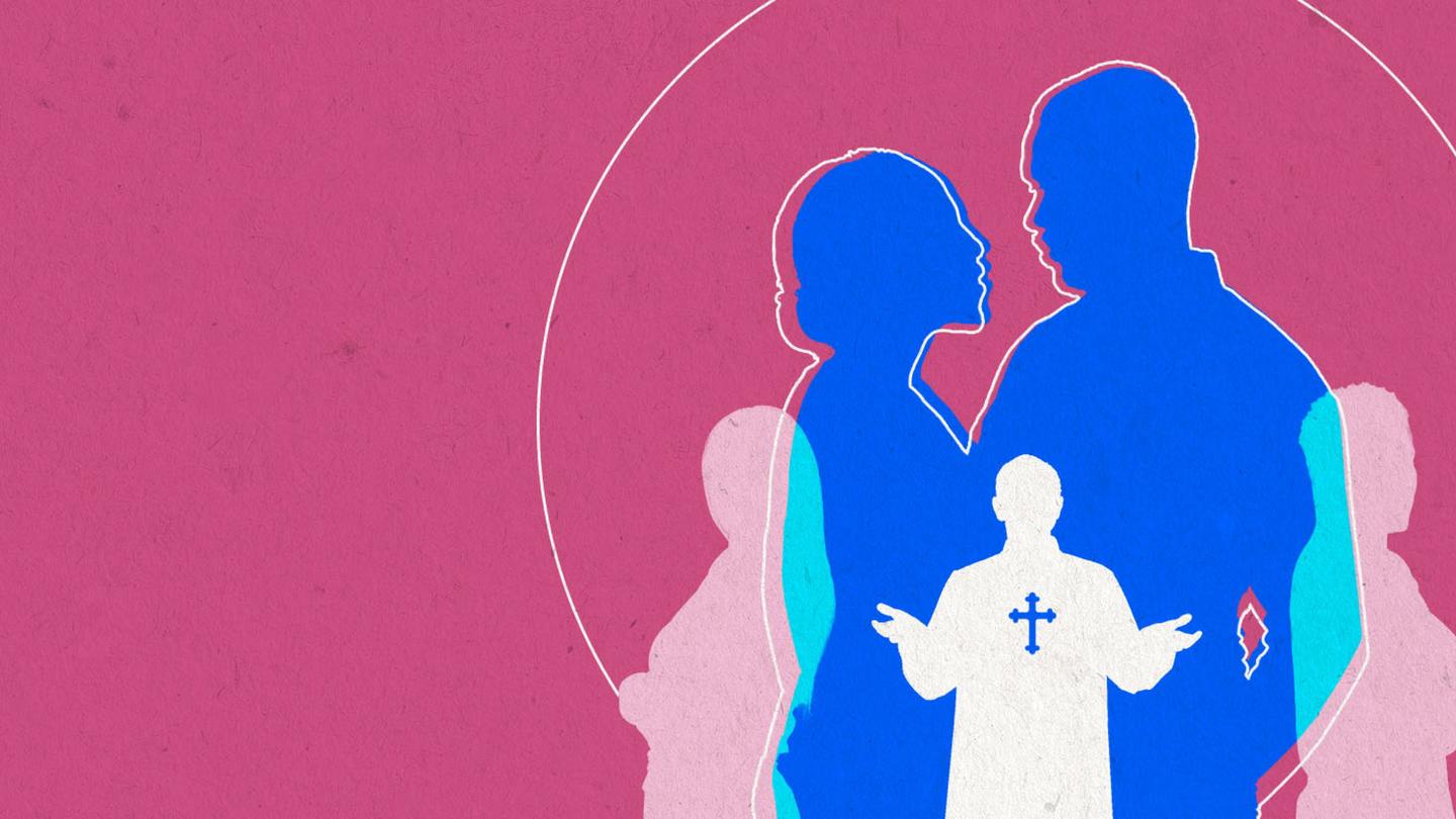 A graphic illustration shows a couple in an embrace with a clergy member superimposed on the scene