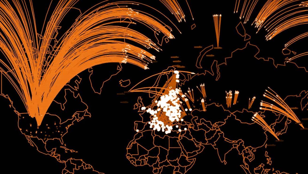 A graphic featuring an outline of the world map with borders in orange and highlighting the potential trajectories of nuclear missiles.