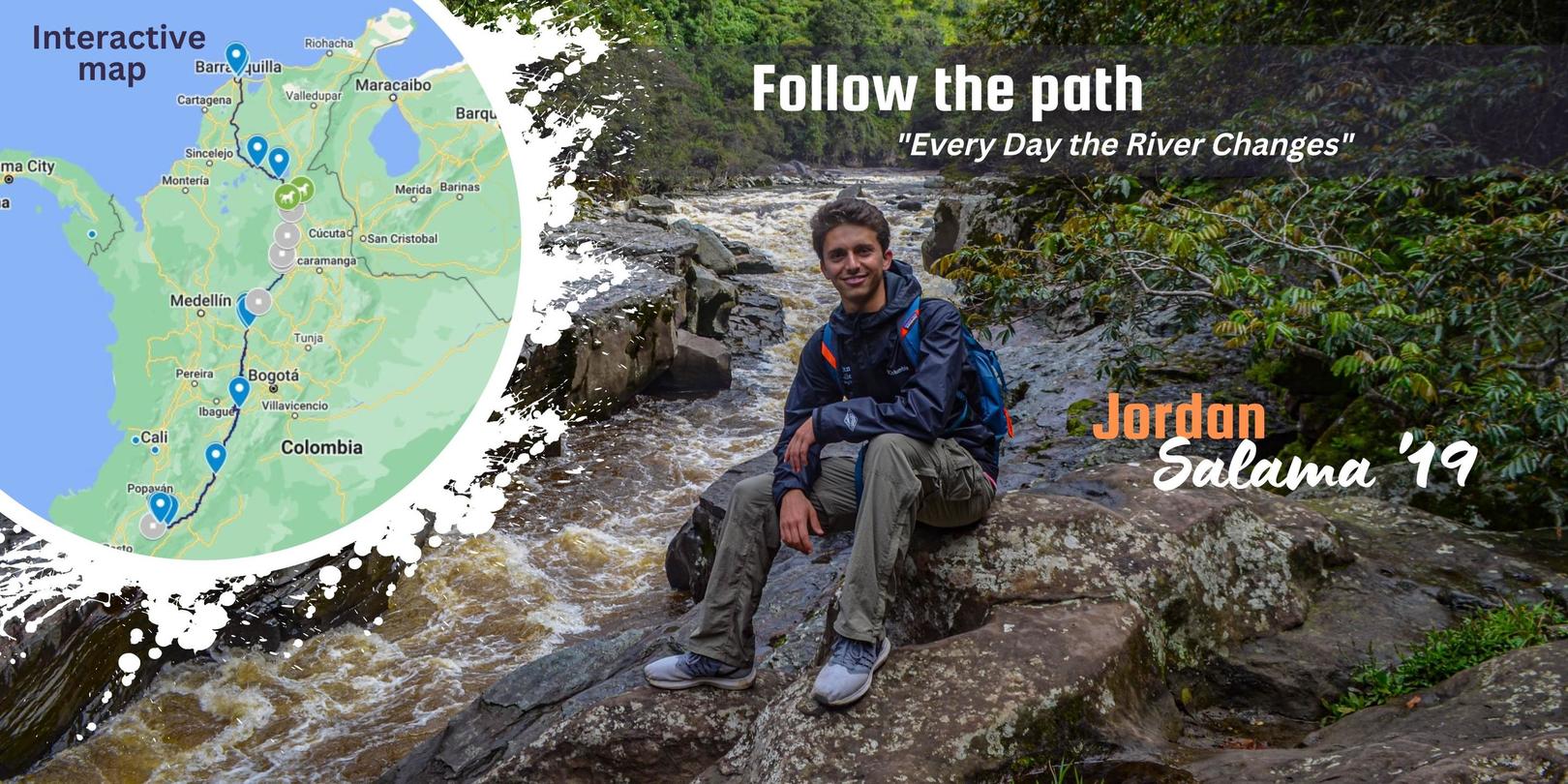 Jordan Salama wearing hiking gear and sitting on rocks by a river in the middle of a forest. The image also features an overlay of a map showcasing all the stops on his trip.
