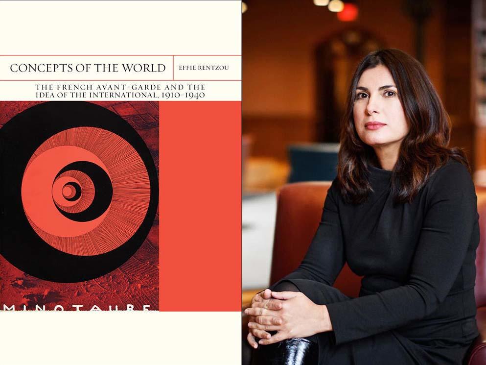 To the left: cover of the book "Concepts of the World" featuring a an abstract painting in black and red. To the right, a portrait of the author staring seriously into the camera.