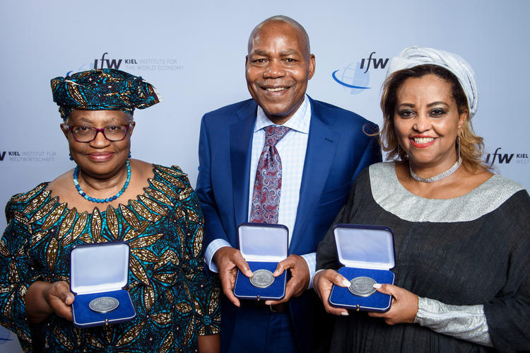 Winners of the Kiel Institute's Global Economy Prize Ngozi Okonjo-Iweala, Director General World Trade Organization (WTO) Category: Politics, right; Leonard Wantchekon, the James Madison Professor of Political Economy and Professor of Politics and International Affairs at Princeton, Catagory: Science; and Eleni Gabre-Madhin, Chief Innovation Officer, UNDP Regional Bureau for Africa; Category: Business. 
