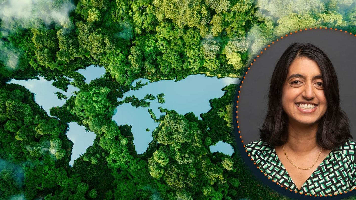A map of the world presented as bodies of water against trees with an inset photo of Seema Jayachandran