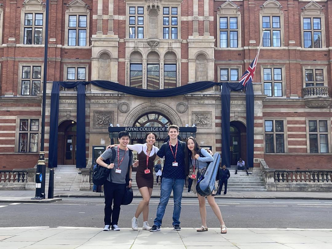 From left, Albert Zhou ’24, Tanaka Dunbar Ngwara ’24, Taylor Akin ’23, Nina Shih ’24 at the Royal College of Music.