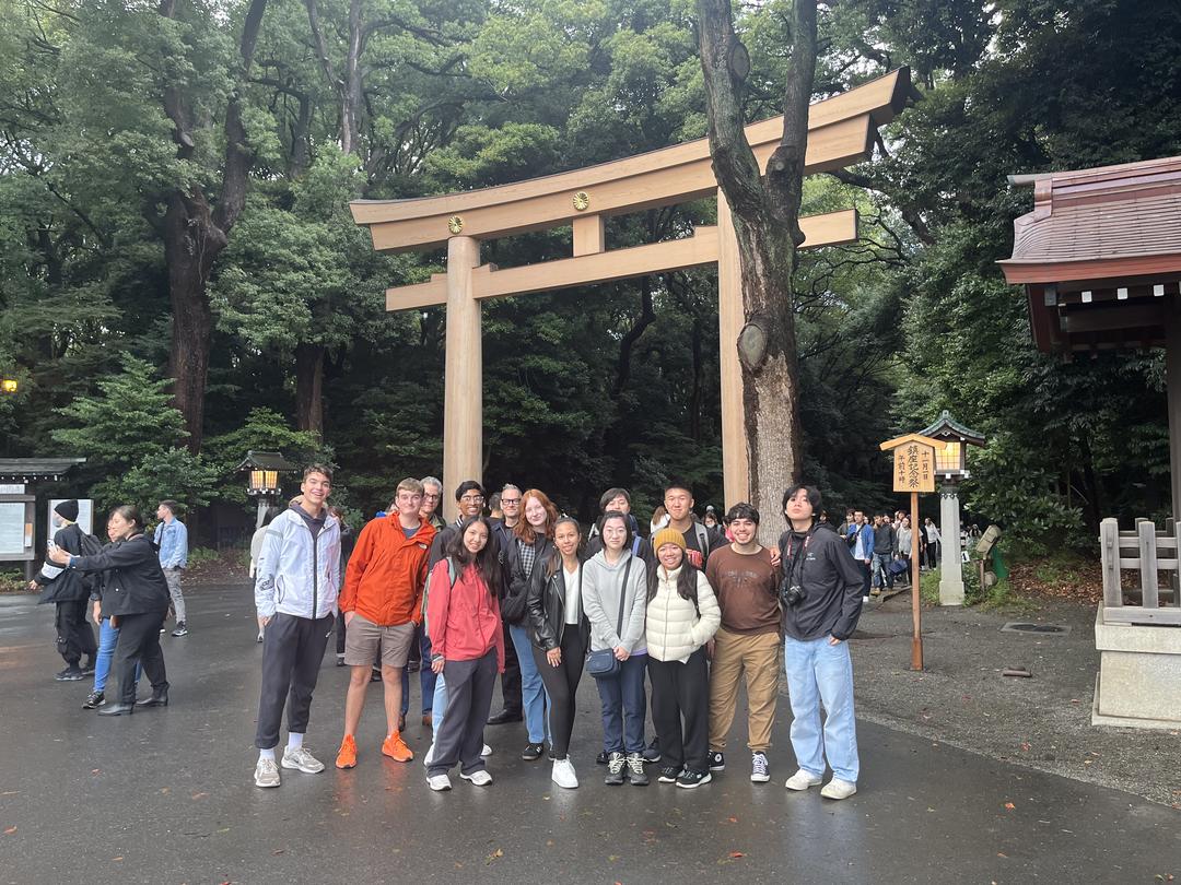 Students pose in front of the Grand Ise Shrine.