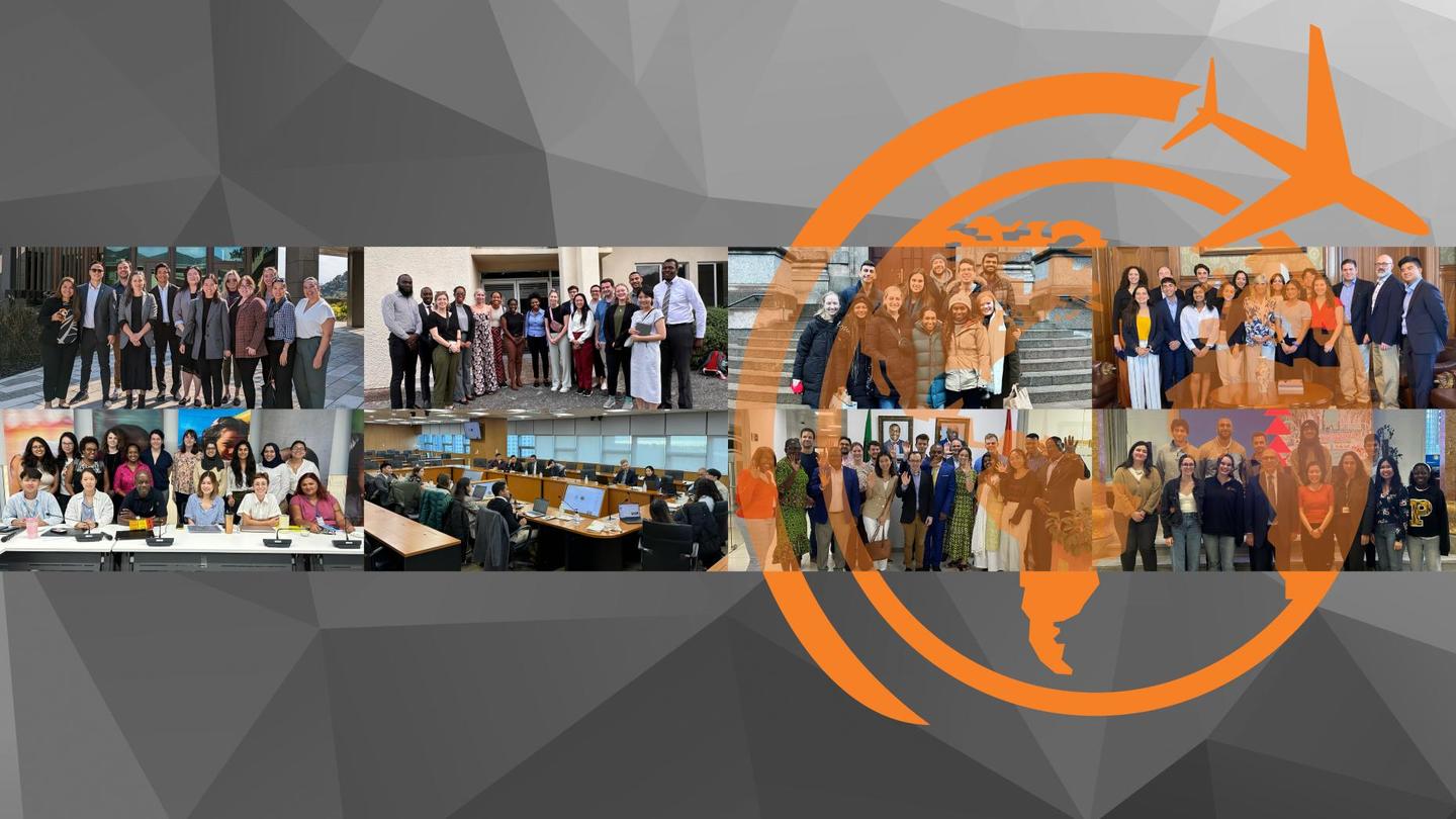 Eight group photos are arrayed in a collage format horizontally 