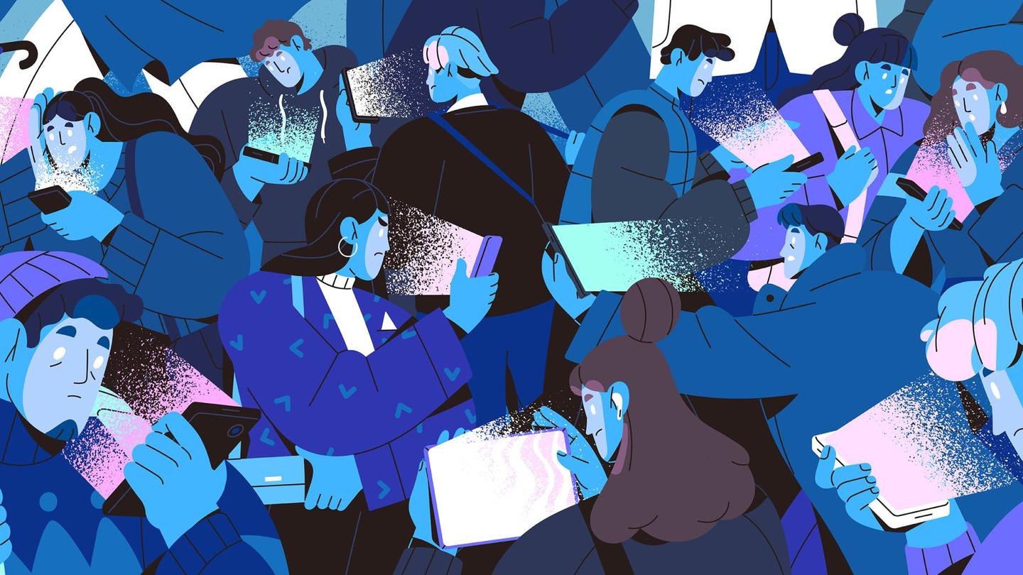 A conceptual drawing of people on their devices