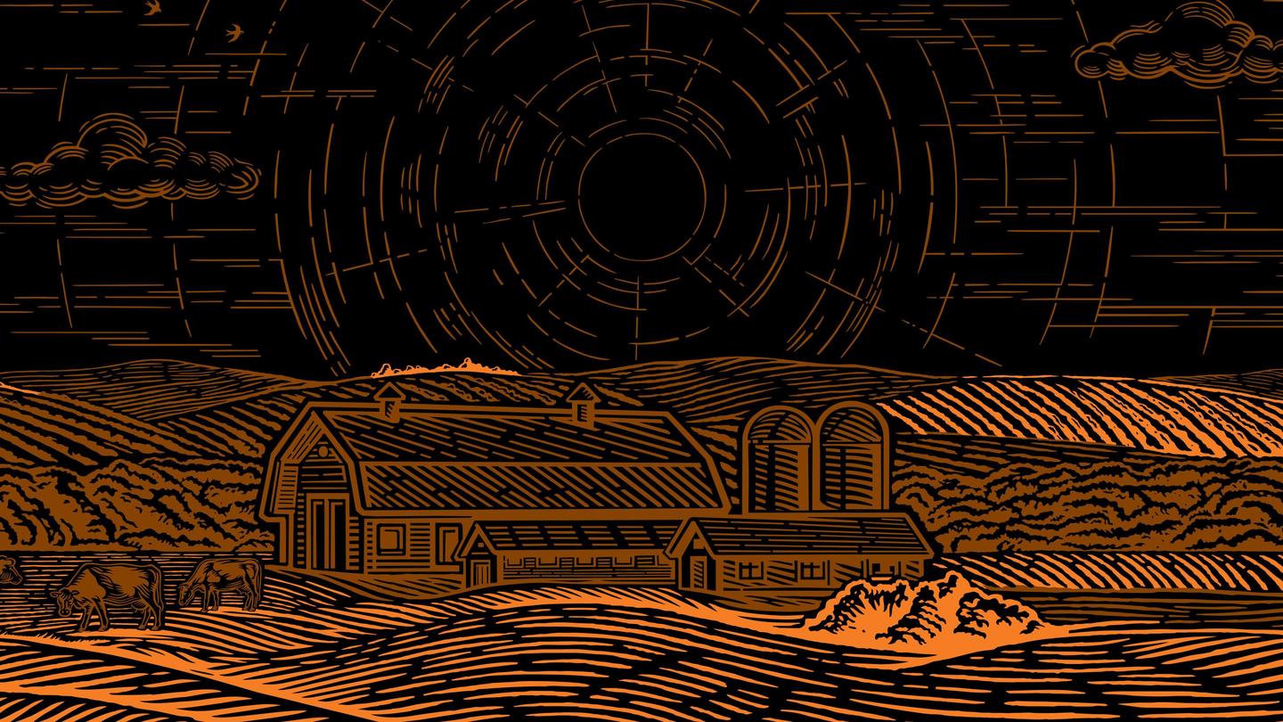 A dark farm landscape outlined in black and orange