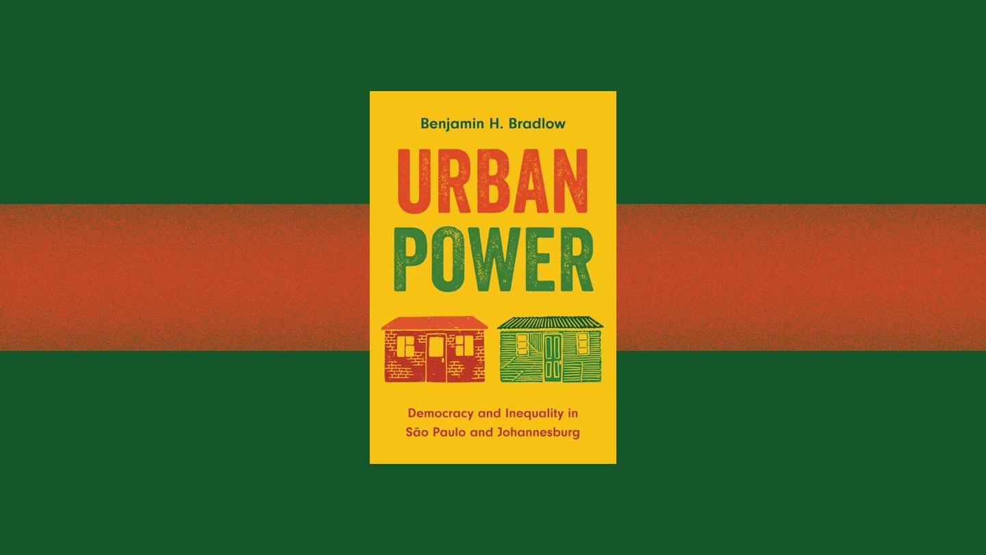 The cover of the book Urban Power in front of a green and red striped background