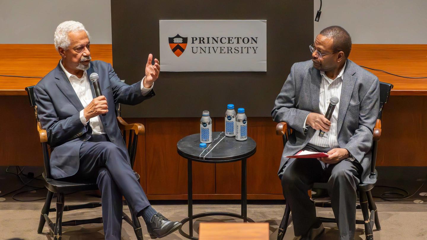 The 2021 Nobel laureate in literature Abdulrazak Gurnah (left) captivated the audience in a wide-ranging conversation Oct. 30 with Simon Gikandi, the Class of 1943 University Professor of English. The event was hosted by Princeton’s Africa World Initiative. Phil McAuliffe for Africa World Initiative The 2021 Nobel laureate in literature Abdulrazak Gurnah (left) captivated the audience in a wide-ranging conversation Oct. 30 with Simon Gikandi, the Class of 1943 University Professor of English. The event was hosted by Princeton’s Africa World Initiative. Phil McAuliffe for Africa World Initiative
