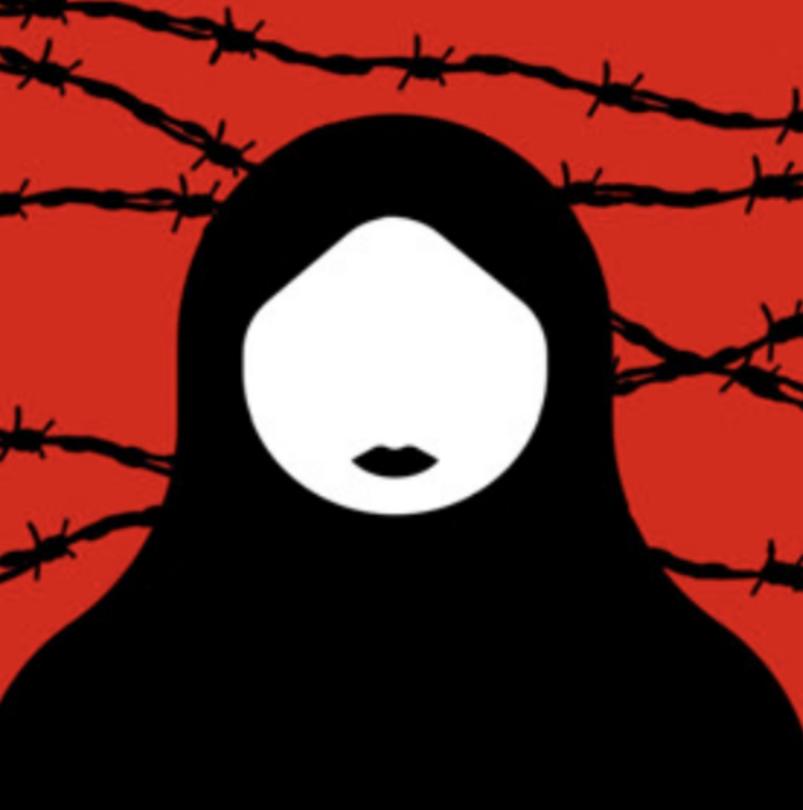 An image of a women wearing a hijab behind a red background and black barbed wire