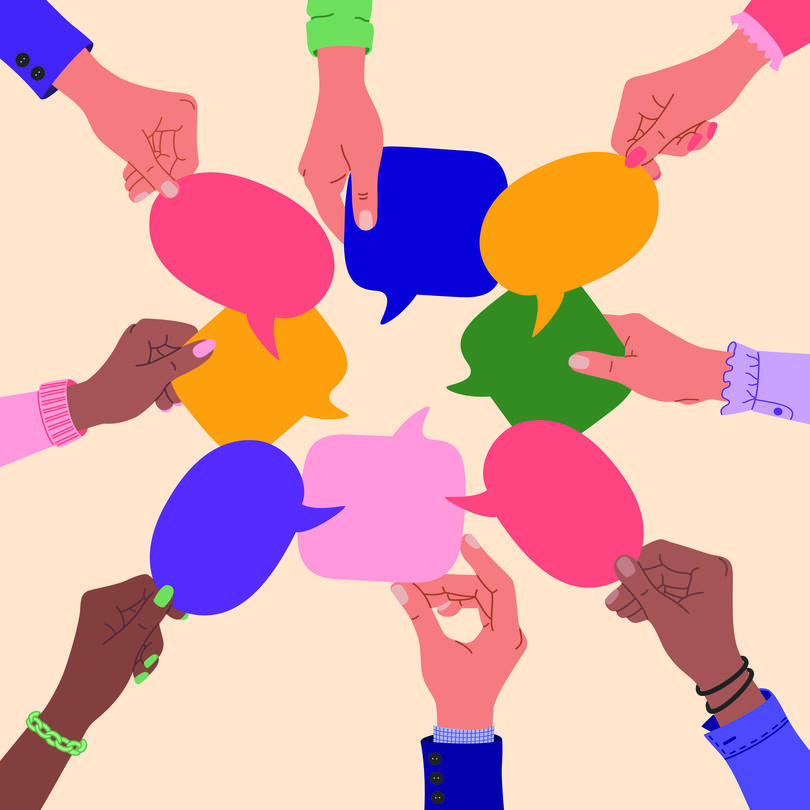 Hands holding message bubbles