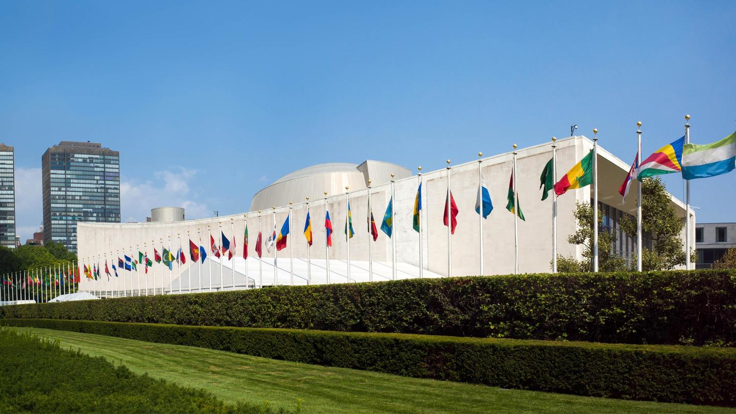 United Nations Building with Multiple Nation Flags