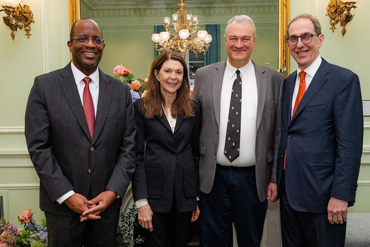 The inaugural Distinguished Faculty Service Award Recipients were honored on Feb. 6, 2025. Left to right: Dean of the Faculty Gene Jarrett; Sandie Bermann, the Cotsen Professor in the Humanities and professor of comparative literature; Rick Register, the Eugene Higgins Professor of Chemical and Biological Engineering; and University President Christopher L. Eisgruber.
