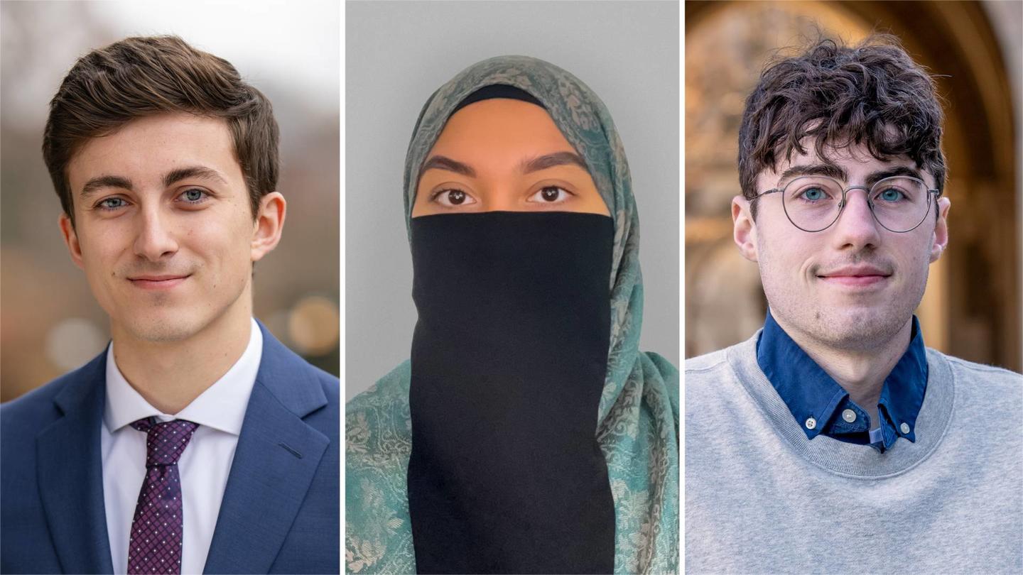 Sachs Scholarship winners Noah James (left), Farzana Salik (middle) and Ethan Sample (right). Photos by Sameer A. Khan/Fotobuddy; courtesy of Farzana Salik; and Denise Applewhite, Office of Communications
