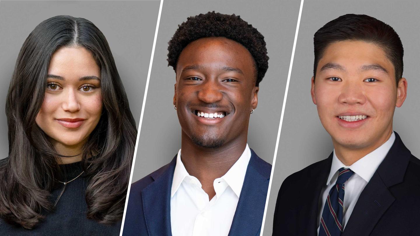 Princeton’s Schwarzman Scholars for 2025-26 are (left to right) Diya Kraybill, Issa Mudashiru and James Zhang. Photos courtesy of Diya Kraybill; by Tori Repp/Fotobuddy; and by Prabhat R Pradhan