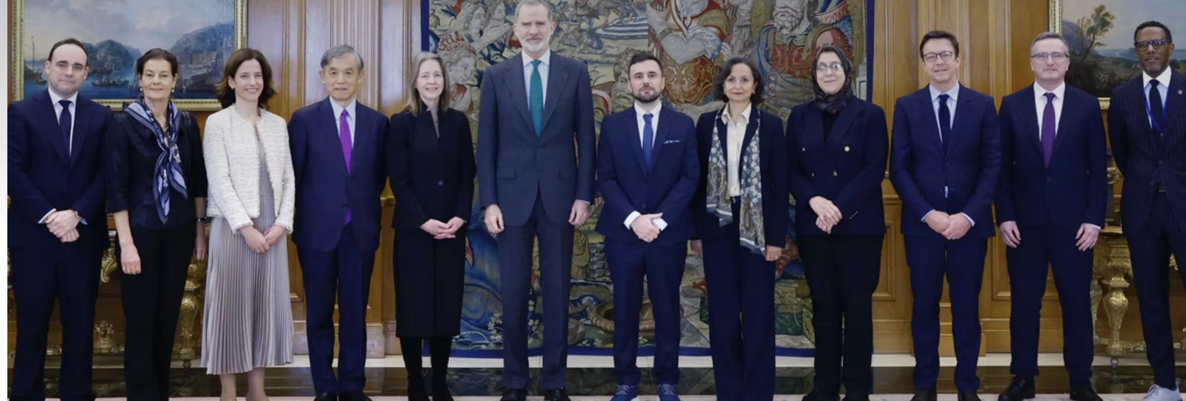 Photo by House of H.M. the King  Dean Amaney Jamal with King Felipe VI of Spain, higher education leaders, and Spanish government officials at Zarzuela Palace in Madrid.