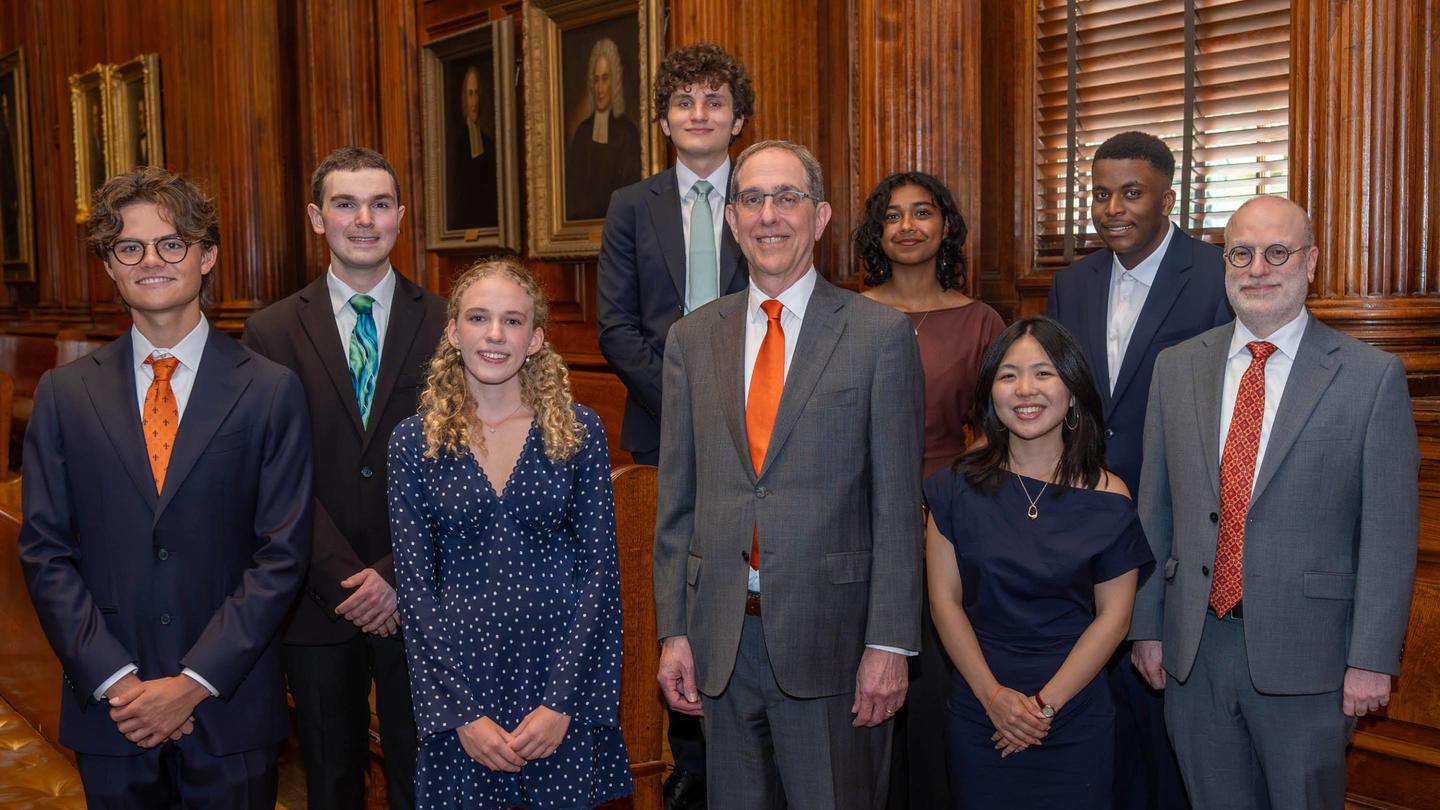 President Christopher L. Eisgruber (center) and Dean of the College Michael D. Gordin (far right) stand with undergraduate academic prize winners (from left to right) Jake Tessnow, Eli Gold, Antonia Comaniciu, Noah Dorn, Divija Durga, Haruka Nabeshima and Isaac Badipe. Photo byRyan Campbell, Office of Communications