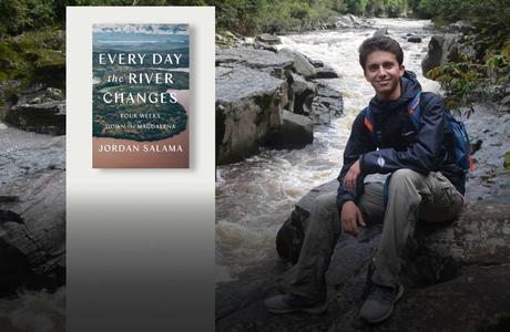 Jordan Salama poses next river rapids. His book is superimposed to the left of the image