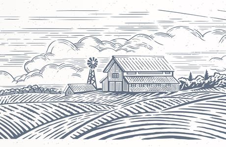 A pencil engraving of a typical farm scene