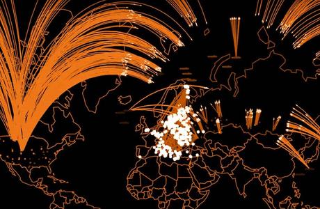 A graphic featuring an outline of the world map with borders in orange and highlighting the potential trajectories of nuclear missiles.