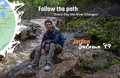 Jordan Salama wearing hiking gear and sitting on rocks by a river in the middle of a forest. The image also features an overlay of a map showcasing all the stops on his trip.