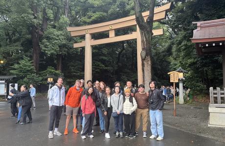 Students pose in front of the Grand Ise Shrine.
