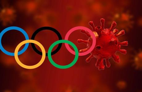 A graphic with a covid cell in the place of one of the olympic rings from the olympic logo