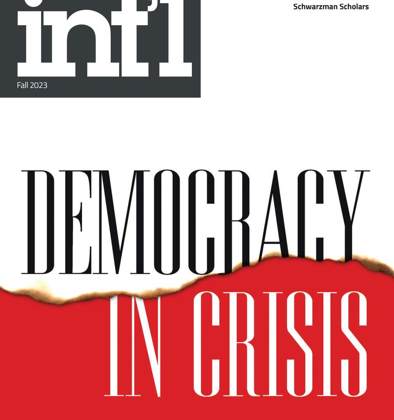 A stark black, white and red Princeton International Magazine cover that says Democracy in Crisis